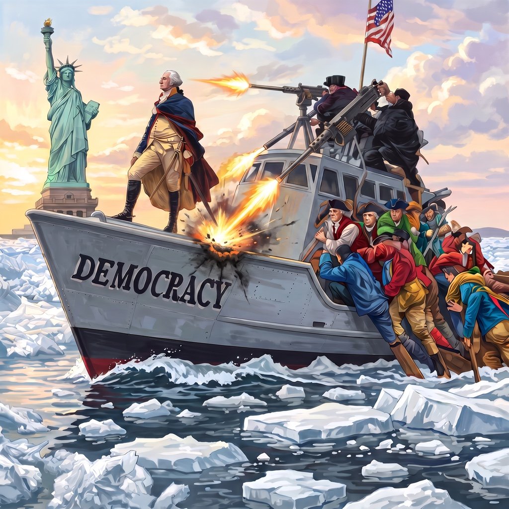 Painting in the style of Washington Crossing the Delaware: George Washington stands at the prow of a boat lettered DEMOCRACY, gazing toward the Statue of Liberty, while men in top hats fire a cannon down into the ship's own deck and ordinary workers cling to the hull pressing planks over the breaches.